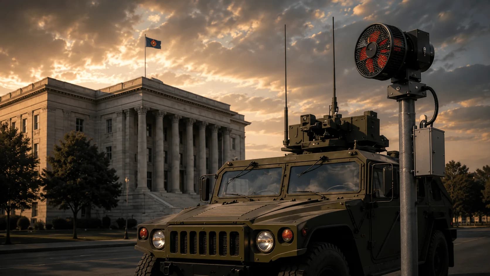 Sirenco warning siren installed near a military vehicle and government building