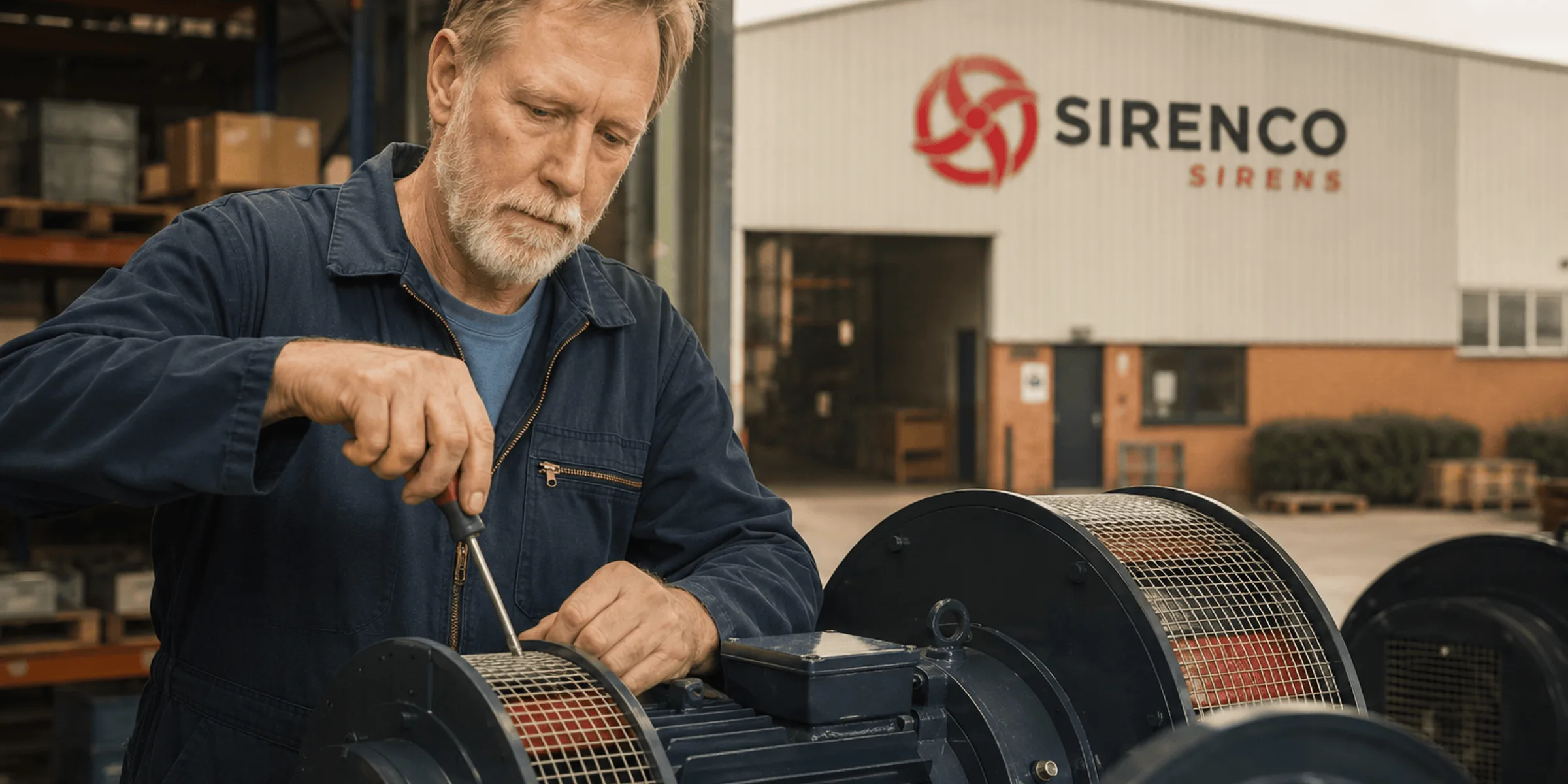 Sirenco engineer working on industrial warning sirens