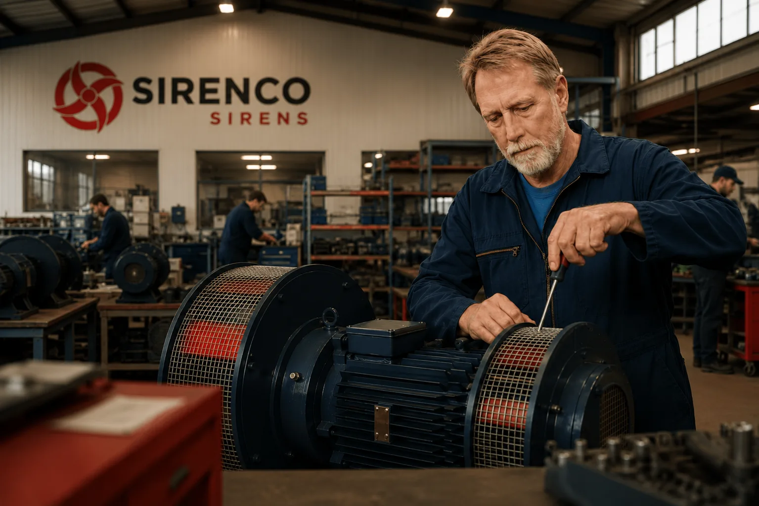 Sirenco technician assembling an industrial warning siren in a workshop