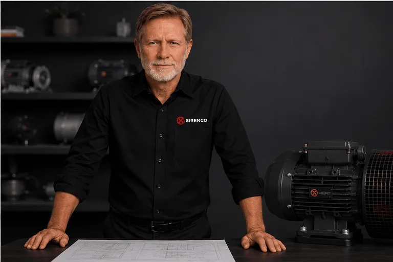 Neville McElroy from Sirenco with siren drawings and product hardware