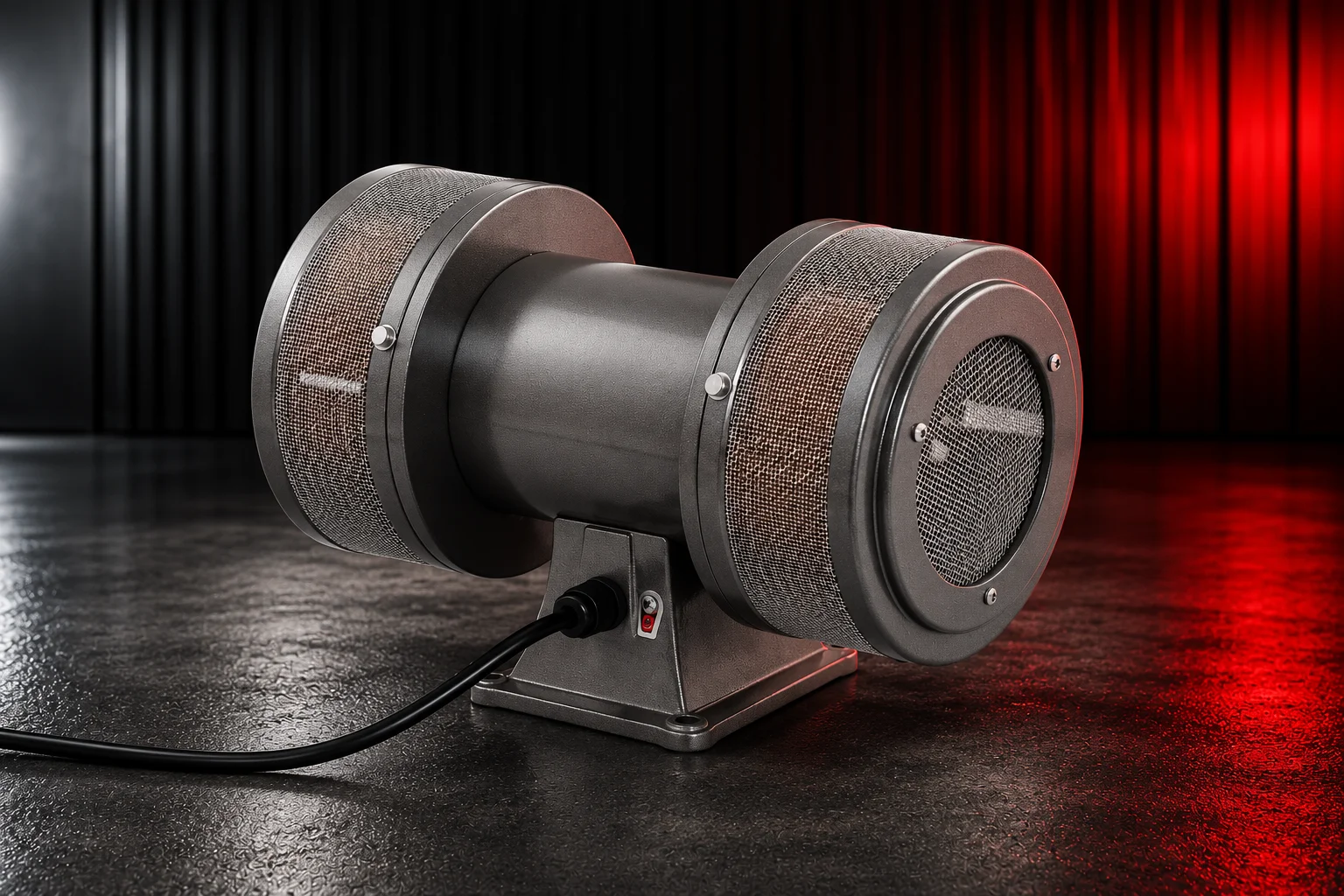 Sirenco 2D double-impeller mechanical warning siren with protective mesh and mounting base