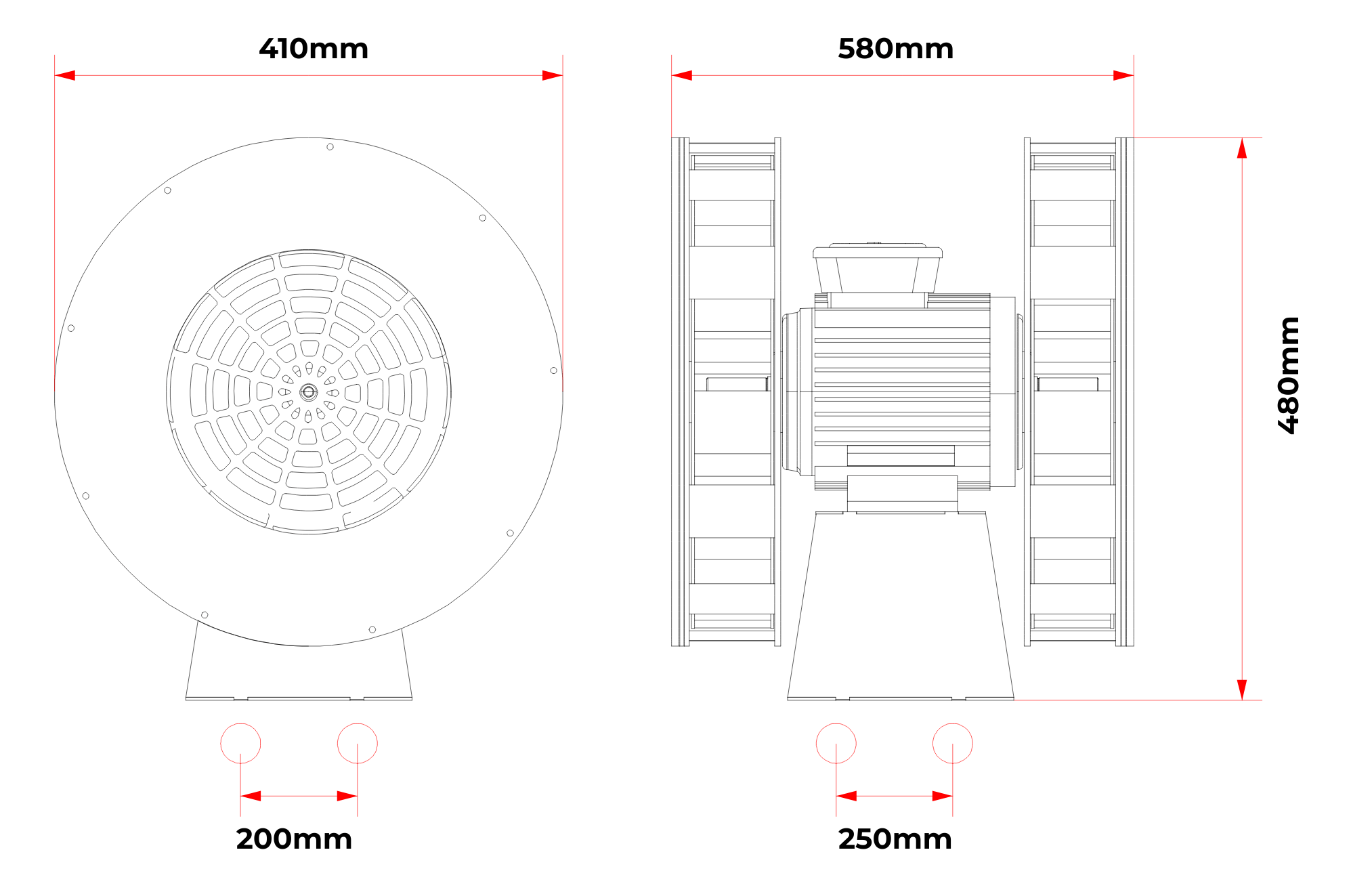 8D Siren 415V front and side technical drawing